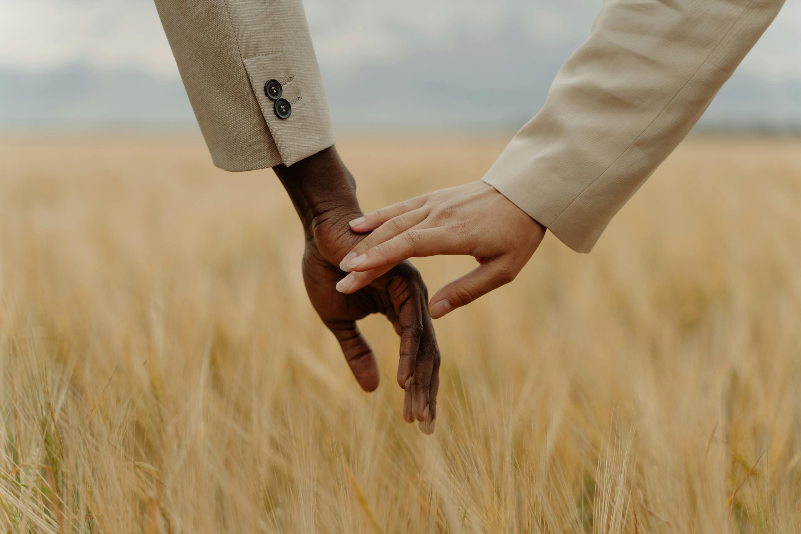 Couple touching hands Couple touching hands in a field